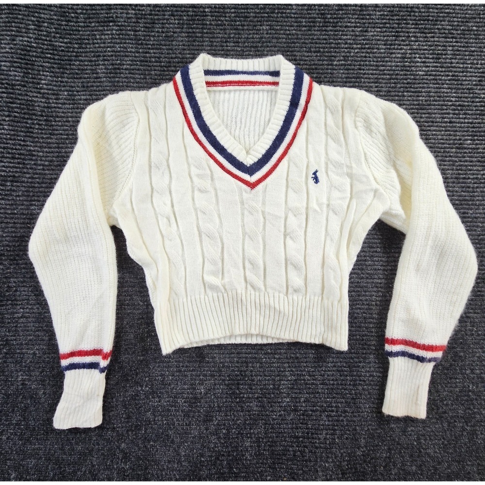Womens Size S Cropped Sweater White Embroidered Logo Cable Knit V-Neck Pullover